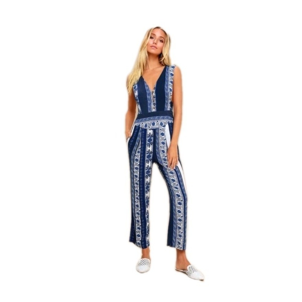 Free People All Shook Up Jumpsuit Floral Striped Print Sleeveless Blue Size 10